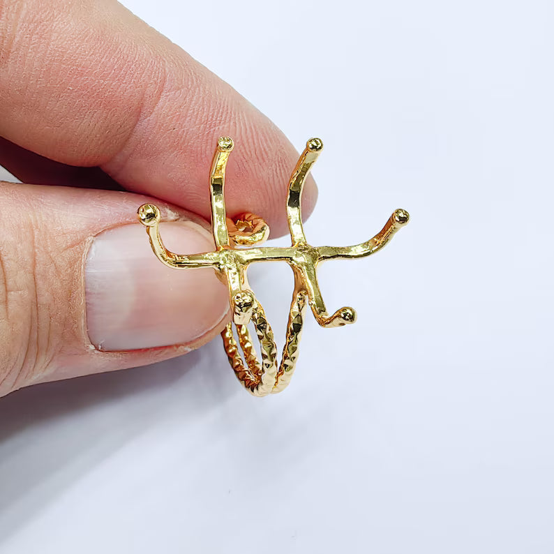 Claw Ring Setting, Cabochon Blank, Oval Base, Adjustable 24k Shiny Gold Brass 25x18mm G37575