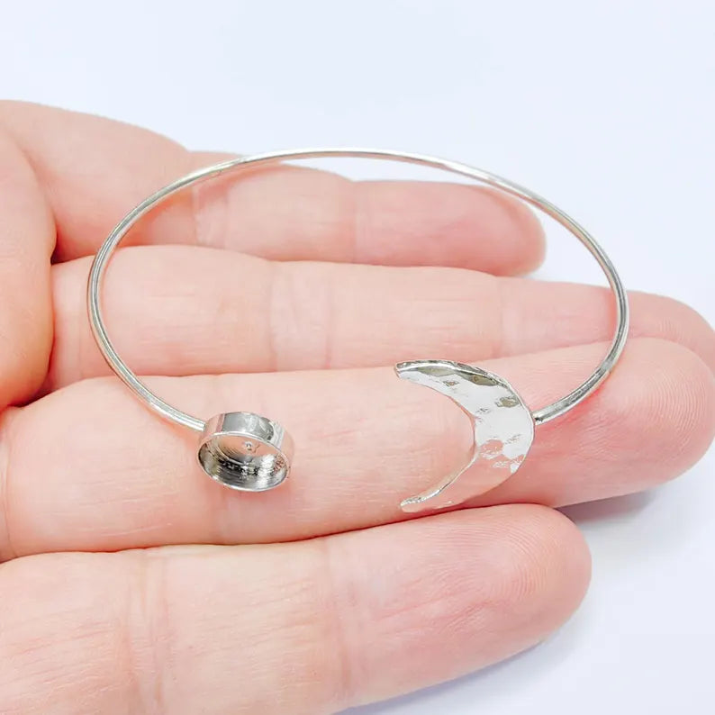 Moon Cuff Bracelet with 8mm Bezel, Adjustable Shiny Silver Plated Brass Bangle, G37576