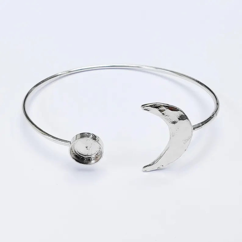 Moon Cuff Bracelet with 8mm Bezel, Adjustable Shiny Silver Plated Brass Bangle, G37576