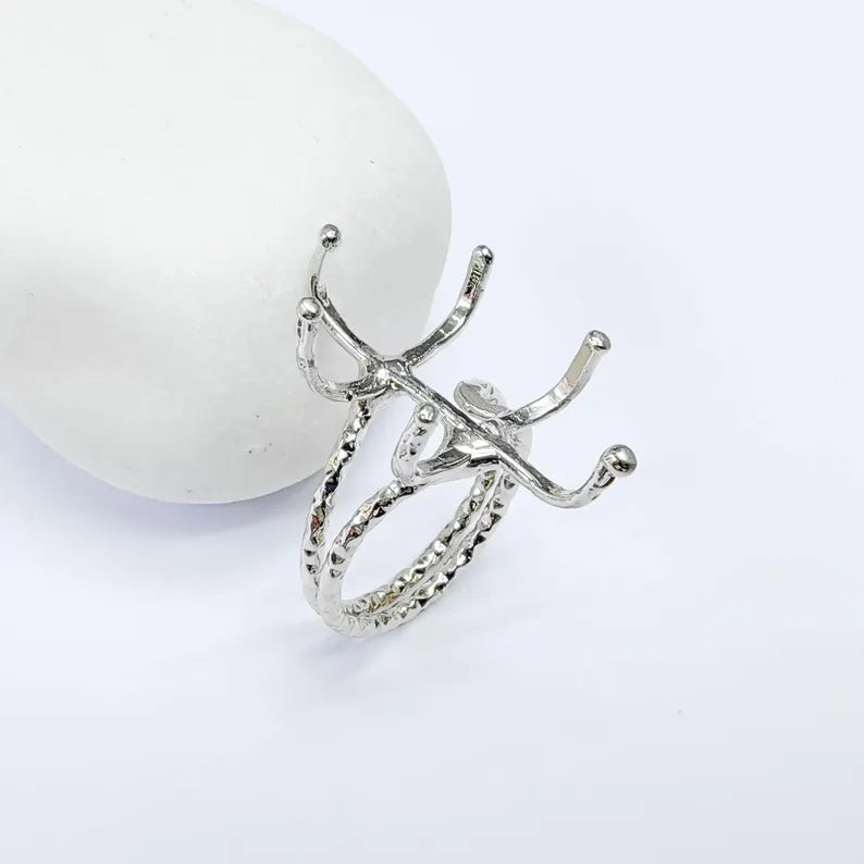 Claw Ring Setting, Cabochon Blank, Oval Base, Adjustable Shiny Silver Brass 25x18mm G37577