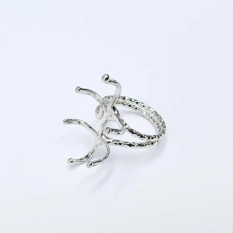 Claw Ring Setting, Cabochon Blank, Oval Base, Adjustable Shiny Silver Brass 25x18mm G37577