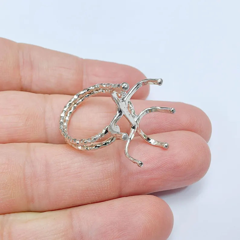 Claw Ring Setting, Cabochon Blank, Oval Base, Adjustable Shiny Silver Brass 25x18mm G37577