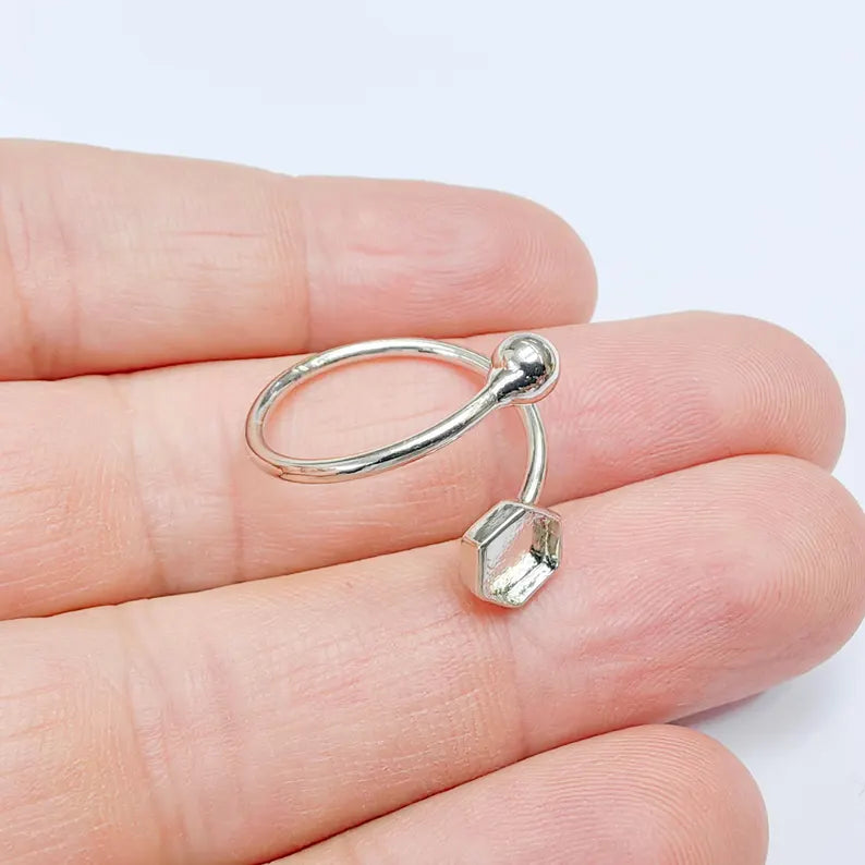 Hexagon Ring Blank Setting, Cabochon Bezel, Adjustable Shiny Silver Plated Brass (6mm bezel) G37578