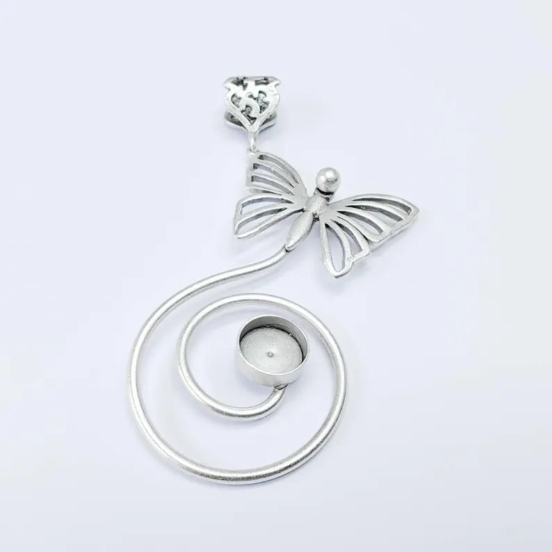 Butterfly Spiral Pendant with 10mm Bezel, Artistic Swirl Design Jewelry Connector, 85x33mm G37581
