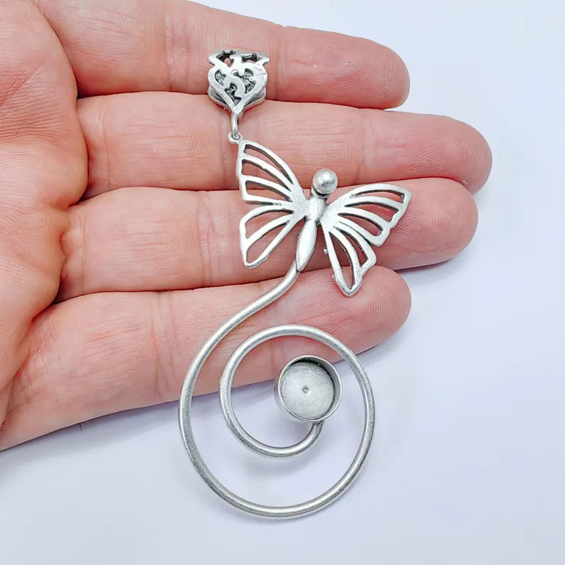 Butterfly Spiral Pendant with 10mm Bezel, Artistic Swirl Design Jewelry Connector, 85x33mm G37581