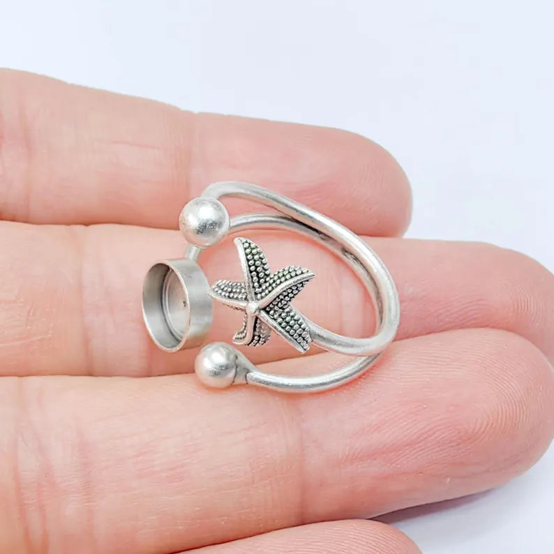 Ring Blank, Adjustable Ring Base, 8mm Bezel Setting, Starfish Design, Antique Silver, G37583
