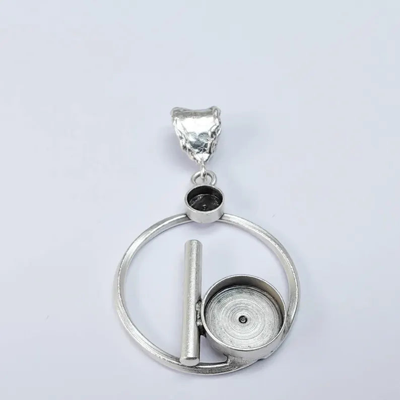 Pendant Bezel Setting, Geometric 12mm and 6mm Bezel Cups, Antique Silver Brass, 39x30mm, G37585