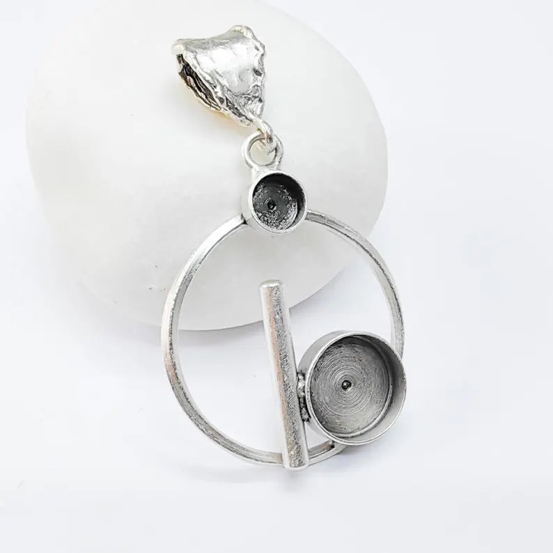 Pendant Bezel Setting, Geometric 12mm and 6mm Bezel Cups, Antique Silver Brass, 39x30mm, G37585