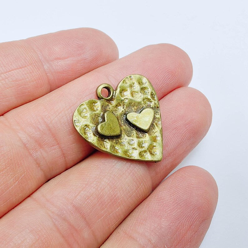 Hammered Double Heart Charm, Pendant, Boho Jewelry Making Supplies, Antique Bronze Plated, 23mm G37586