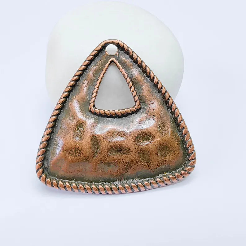 Triangle Pendant, Hammered Copper Plated Charm, Textured Boho Connector, 42x41mm, G37588