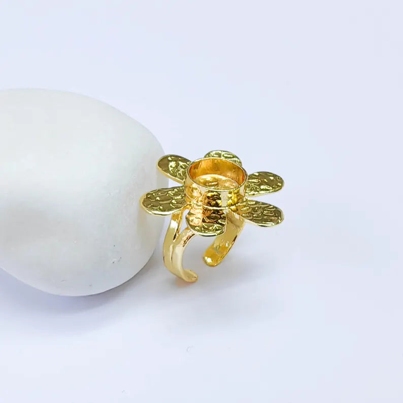 Flower Ring Blank, 10mm Bezel Adjustable Ring, 24K Gold Brass, G37590
