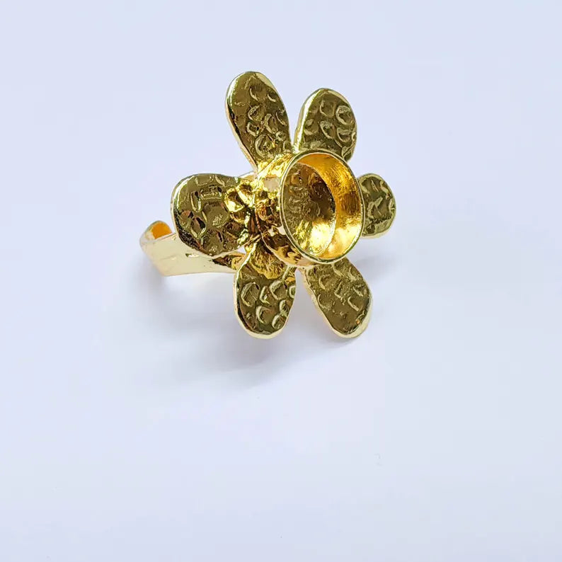 Flower Ring Blank, 10mm Bezel Adjustable Ring, 24K Gold Brass, G37590