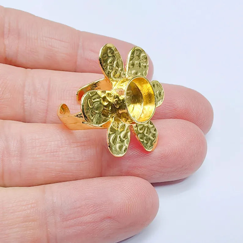 Flower Ring Blank, 10mm Bezel Adjustable Ring, 24K Gold Brass, G37590