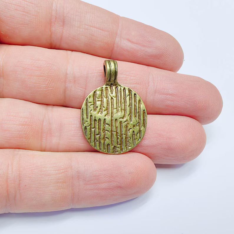 Textured Round Pendant, Antique Bronze Plated Zamac Charm, 30x21mm Jewelry Finding, G37593