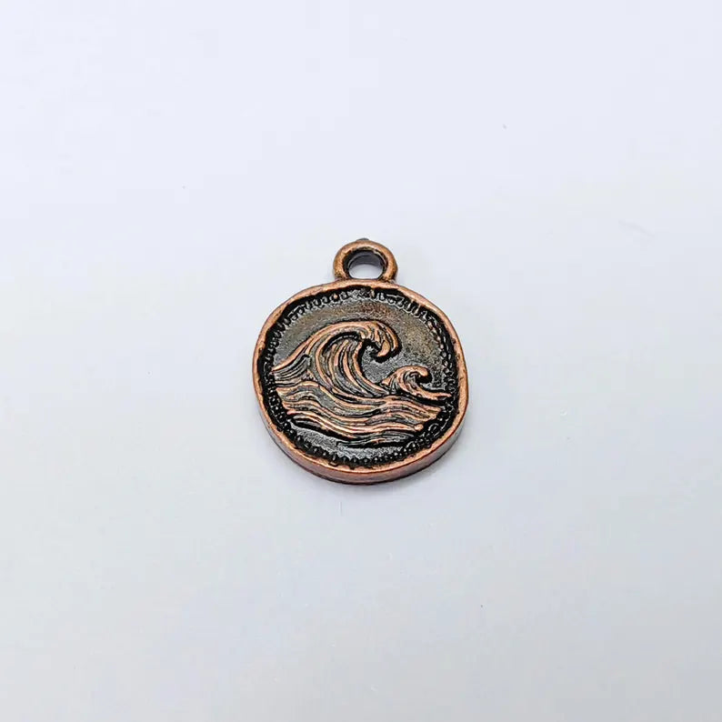 4 Ocean Wave Pendant, Wave Charm, Bracelet Charm, Earring Charm, Sea Symbol, Boho Beach, Surf Charm, Antique Copper Plated 16x13mm G37549