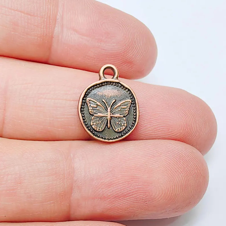 4 Double Sided Butterfly Pendant, Reversible Charm, Antique Copper Plated Zamak, Nickel Free, Lead Free, G37544