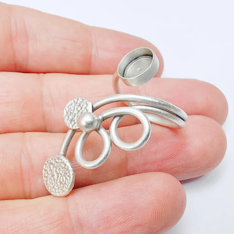 Adjustable Spiral Ring Base 8mm Bezel, Boho Swirl Design, Antique Silver Plated Brass Setting, Nickel Free Lead Free G37551