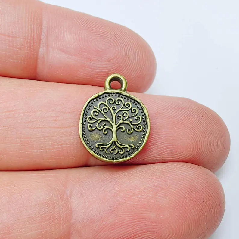 4 Pcs Tree of Life Charm Pendant, Round Double Sided Jewelry Making Supply, Antique Bronze Plated Zamac, 16x13mm, G37553