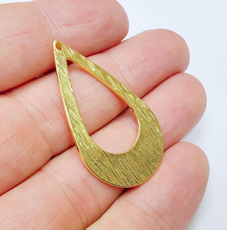 Textured Teardrop Pendant, Open Drop Charm 40x24mm, Double Sided 24k Gold Plated, G37555