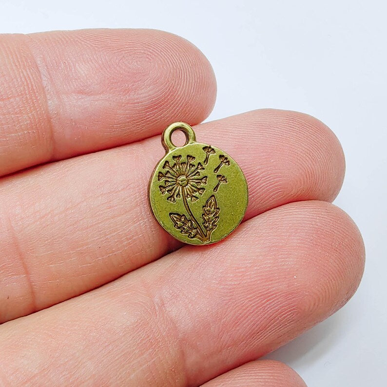 4 Dandelion Flower Charm, Double Sided Floral Plant, Nature Earring, Antique Bronze Plated 16x13mm G37556