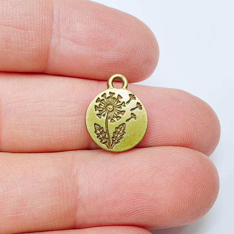 4 Dandelion Flower Charm, Double Sided Floral Plant, Nature Earring, Antique Bronze Plated 16x13mm G37556