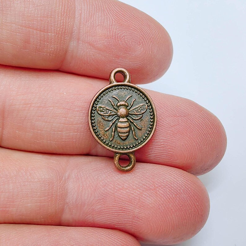 4 Bee Connector Double Sided Charm, 21x14mm Antique Copper Plated Zamac, G37559