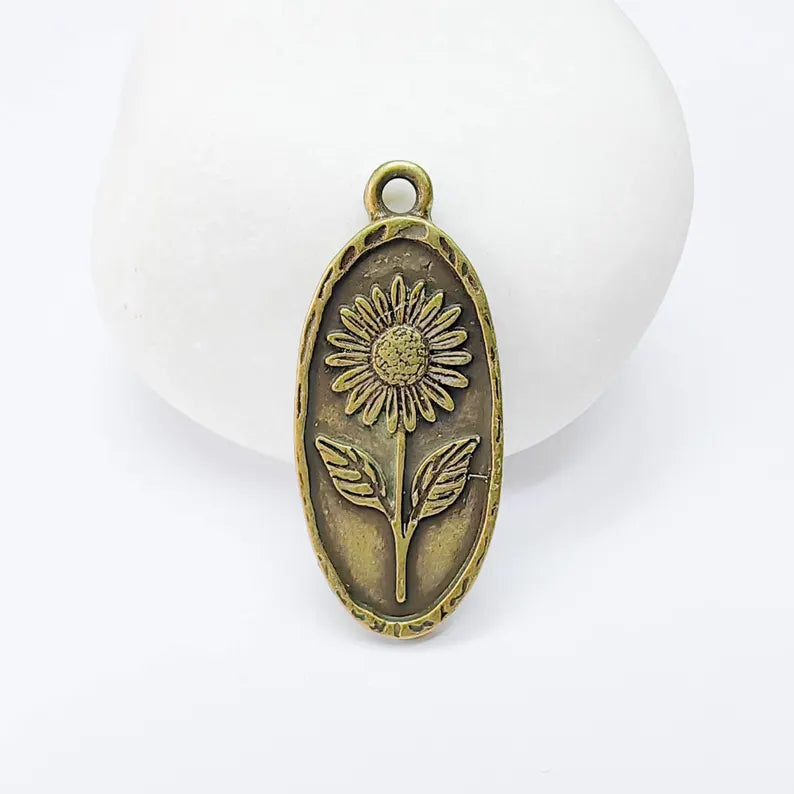 Sunflower Pendant Charm, Oval Floral Pendant, Antique Bronze Plated Jewelry Making, 30x13mm G37560