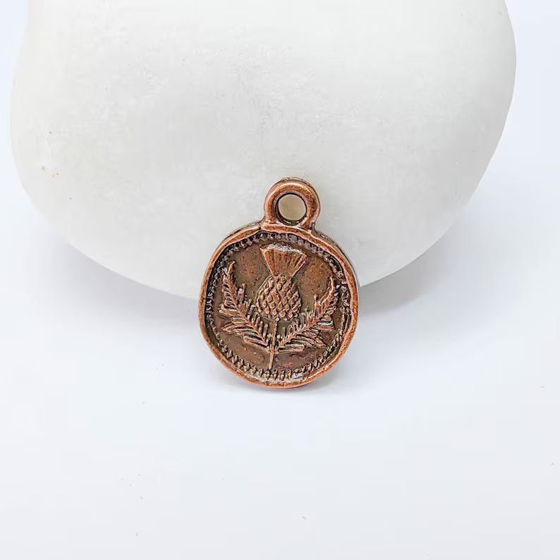 4 Thistle Charm, Double Sided Pendant, Boho Jewelry Making Supplies, Antique Copper Plated, 16x13mm G37561