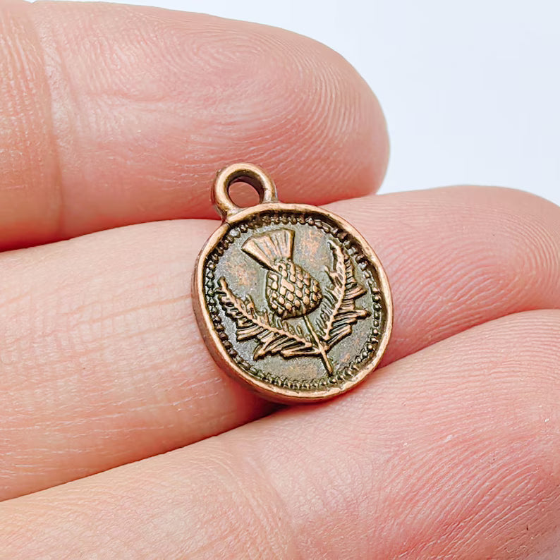 4 Thistle Charm, Double Sided Pendant, Boho Jewelry Making Supplies, Antique Copper Plated, 16x13mm G37561