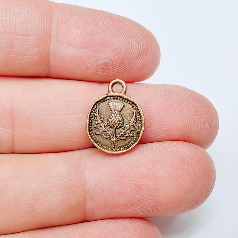 4 Thistle Charm, Double Sided Pendant, Boho Jewelry Making Supplies, Antique Copper Plated, 16x13mm G37561