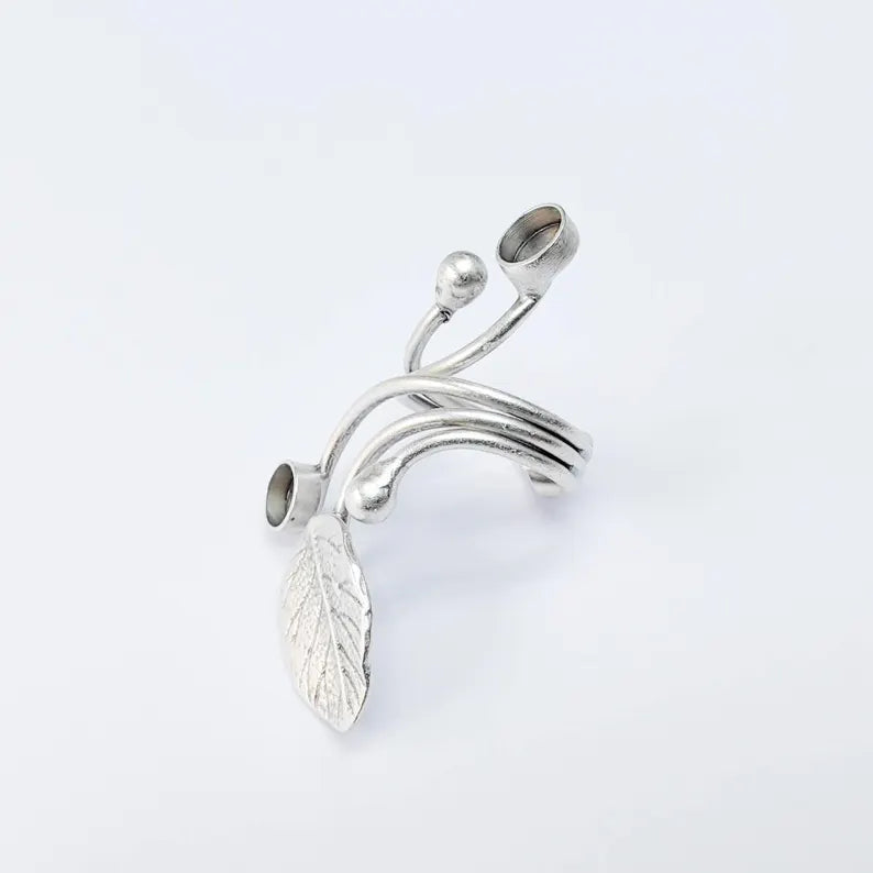 Adjustable Leaf Ring Base with 6mm Round Bezel, Antique Silver Plated Brass G37562