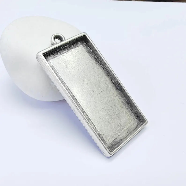 Rectangle Pendant Blank, 48×24mm Bezel, Antique Silver, Zamac Jewelry Setting, G37598