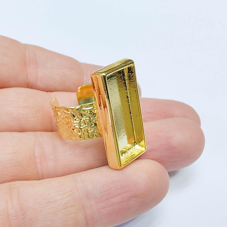 Rectangle Ring Blank Setting, Cabochon Blank, Resin Bezel, Mounting, Adjustable 24k Gold 25x10mm G37602