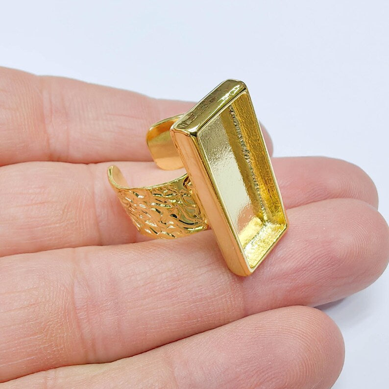 Rectangle Ring Blank Setting, Cabochon Blank, Resin Bezel, Mounting, Adjustable 24k Gold 25x10mm G37602