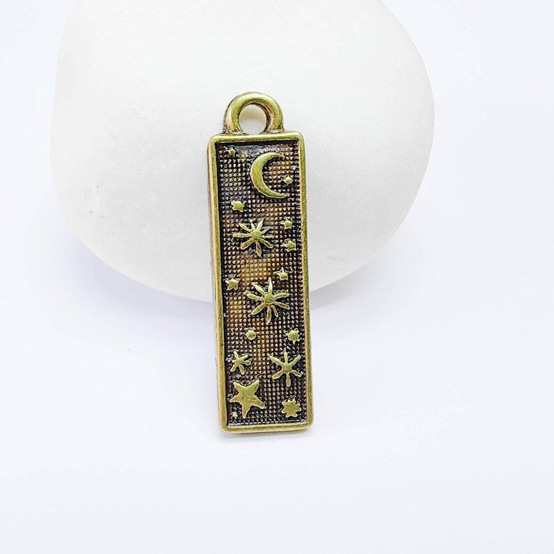 Celestial Moon Stars Charms, Cosmic Night Sky Earring Pendant, Antique Silver Plated 33x9mm G37565