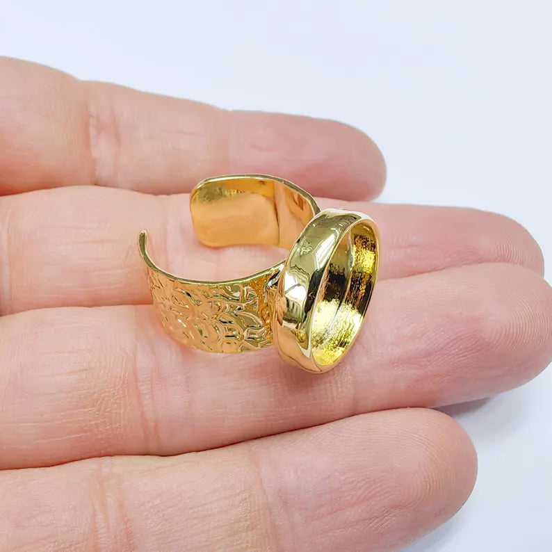 24k Gold Ring Blank, 16mm Round Bezel, Adjustable Band, Cabochon Setting G37605