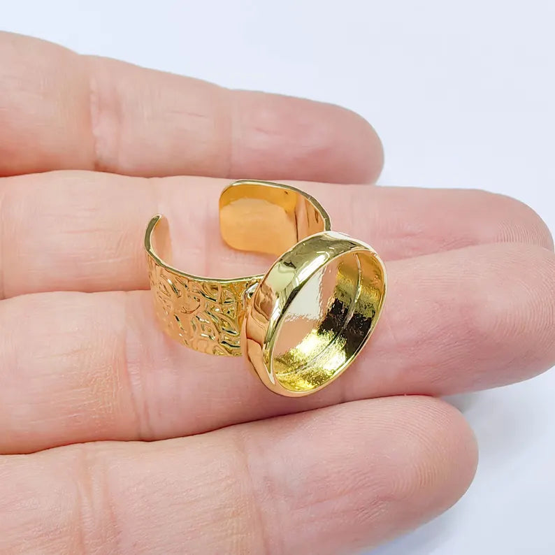 24k Gold Ring Blank, 16mm Round Bezel, Adjustable Band, Cabochon Setting G37605
