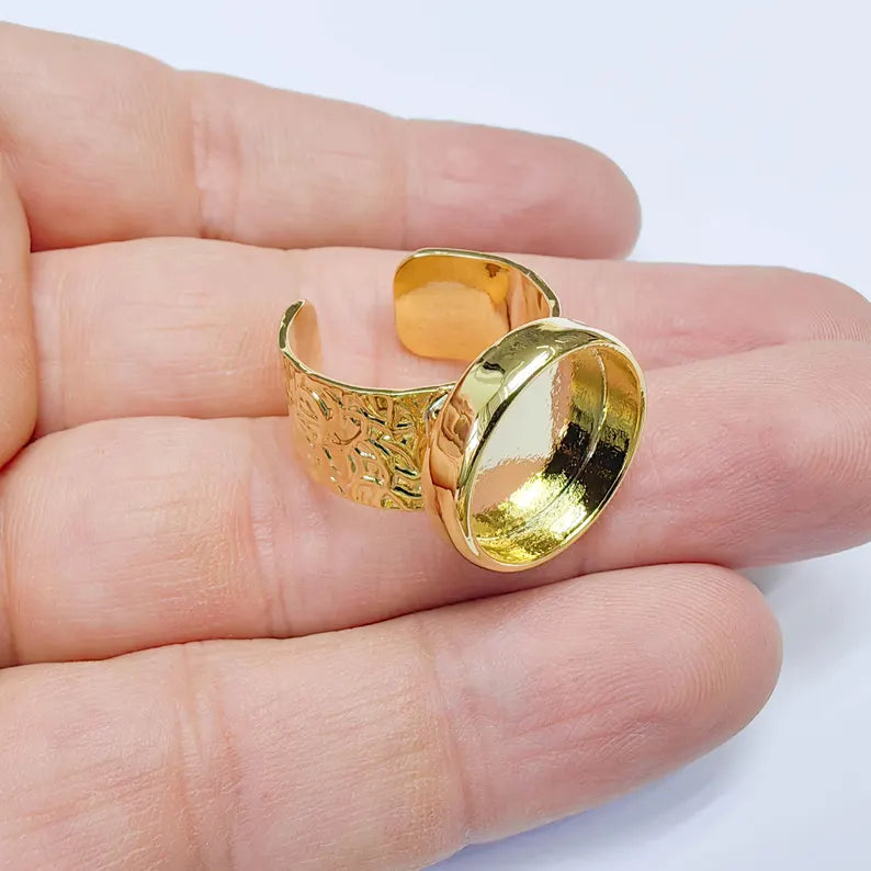24k Gold Ring Blank, 16mm Round Bezel, Adjustable Band, Cabochon Setting G37605