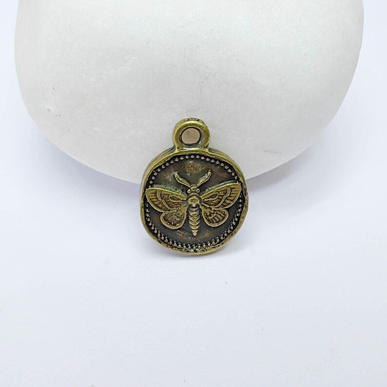 4 Moth Charm Pendant, Double Sided Organic Round Coin Design, Antique Bronze Zamac, 16x12mm, G37610