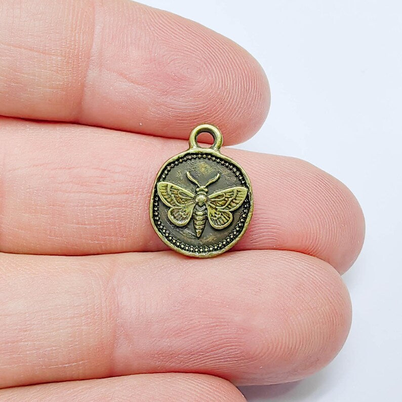 4 Moth Charm Pendant, Double Sided Organic Round Coin Design, Antique Bronze Zamac, 16x12mm, G37610