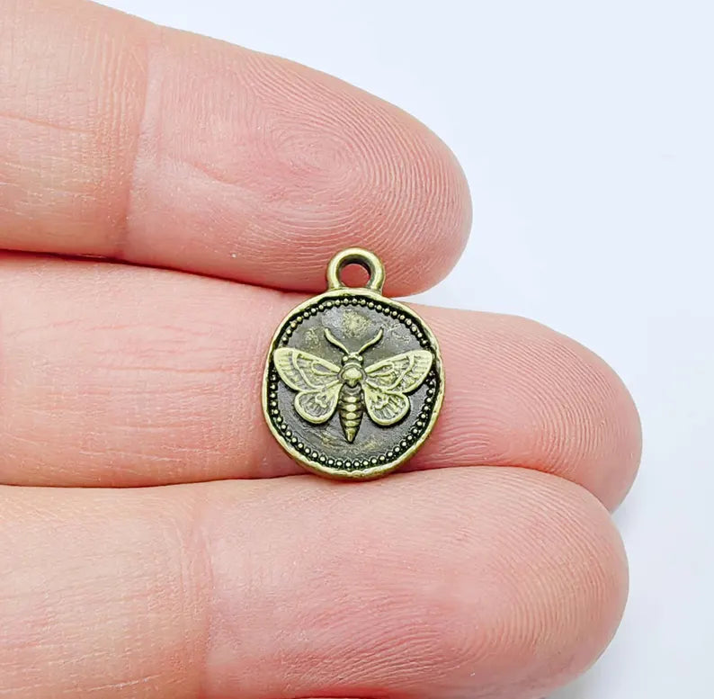 4 Moth Charm Pendant, Double Sided Organic Round Coin Design, Antique Bronze Zamac, 16x12mm, G37610