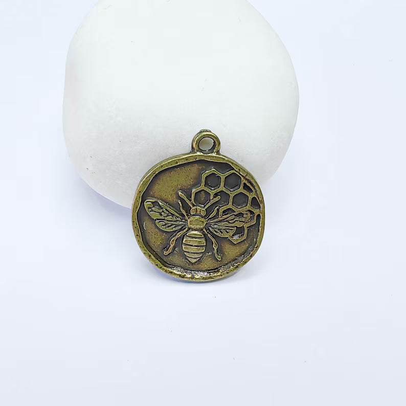 Bee and Honeycomb Pendant Charm, Nature Jewelry Making Supplies, 28x24mm Antique Bronze Plated G37571