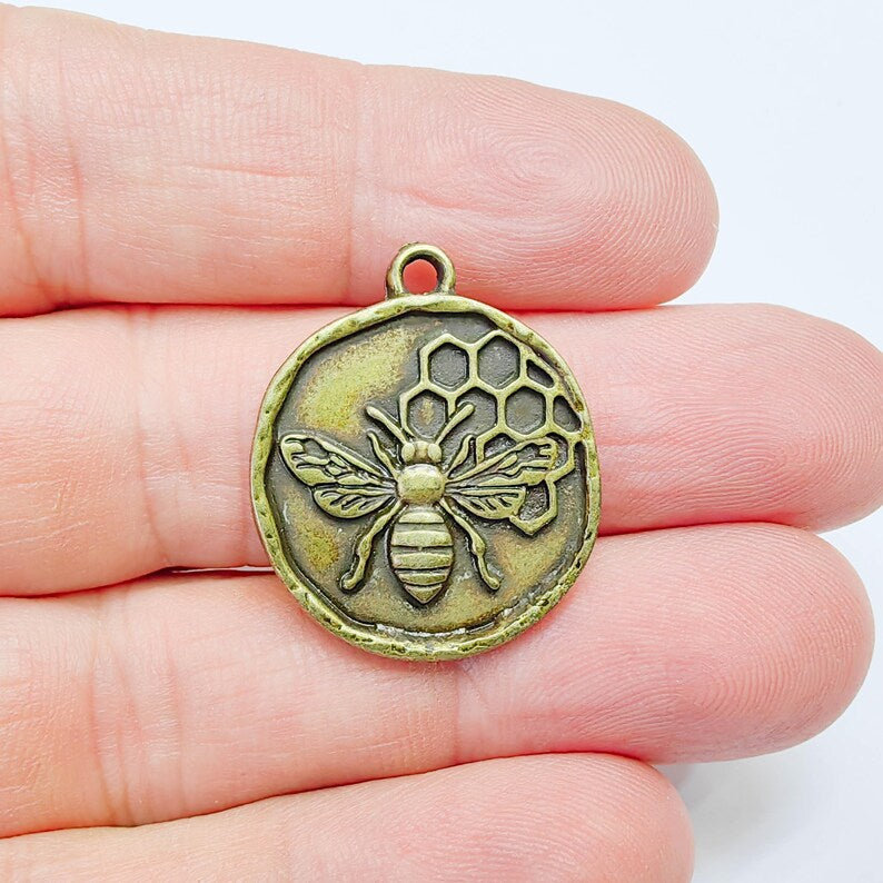 Bee and Honeycomb Pendant Charm, Nature Jewelry Making Supplies, 28x24mm Antique Bronze Plated G37571