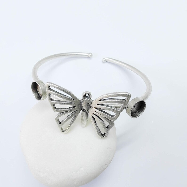 Butterfly Cuff Bracelet, Adjustable 8mm Bezel Bangle, Antique Silver Plated Brass G37572