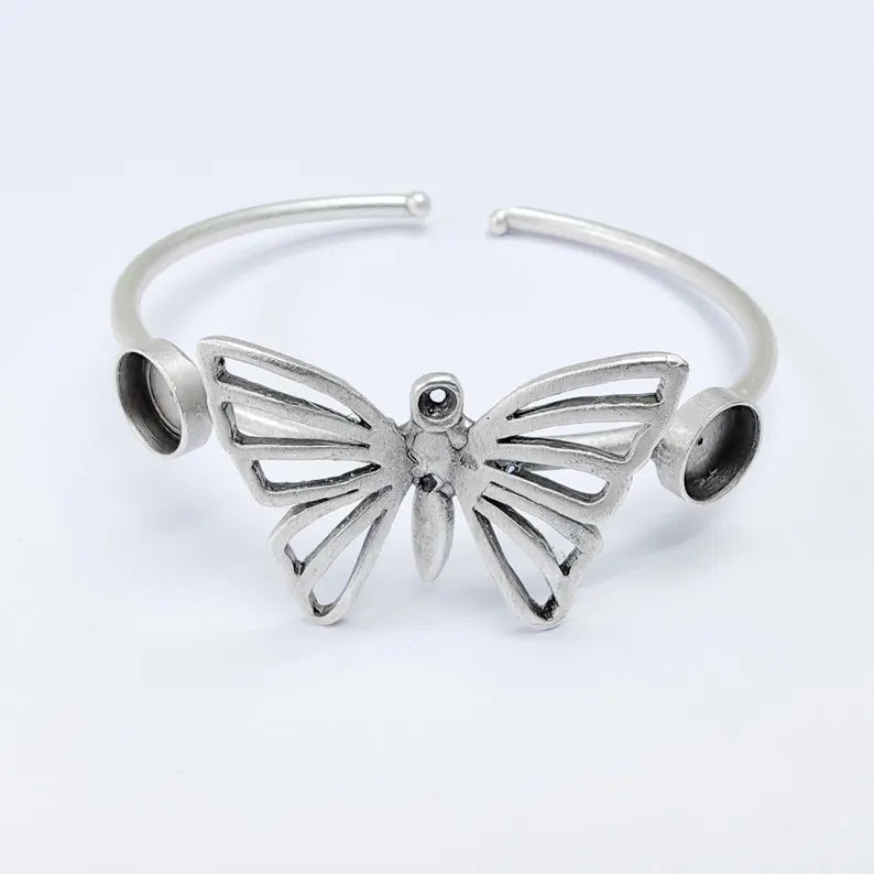 Butterfly Cuff Bracelet, Adjustable 8mm Bezel Bangle, Antique Silver Plated Brass G37572