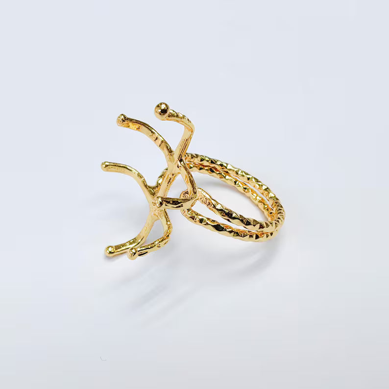 Claw Ring Setting, Cabochon Blank, Oval Base, Adjustable 24k Shiny Gold Brass 25x18mm G37575