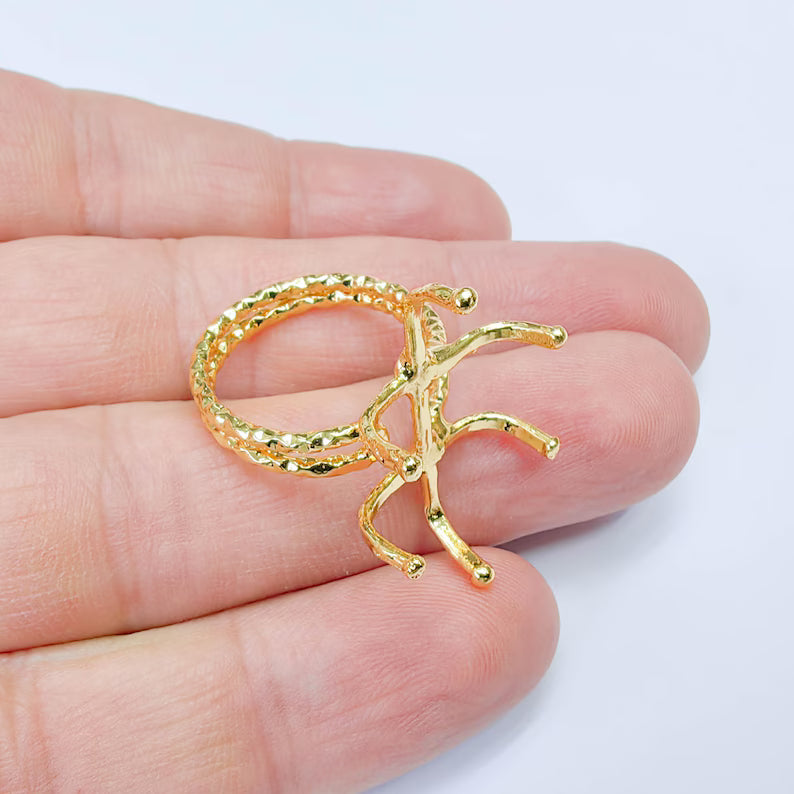 Claw Ring Setting, Cabochon Blank, Oval Base, Adjustable 24k Shiny Gold Brass 25x18mm G37575