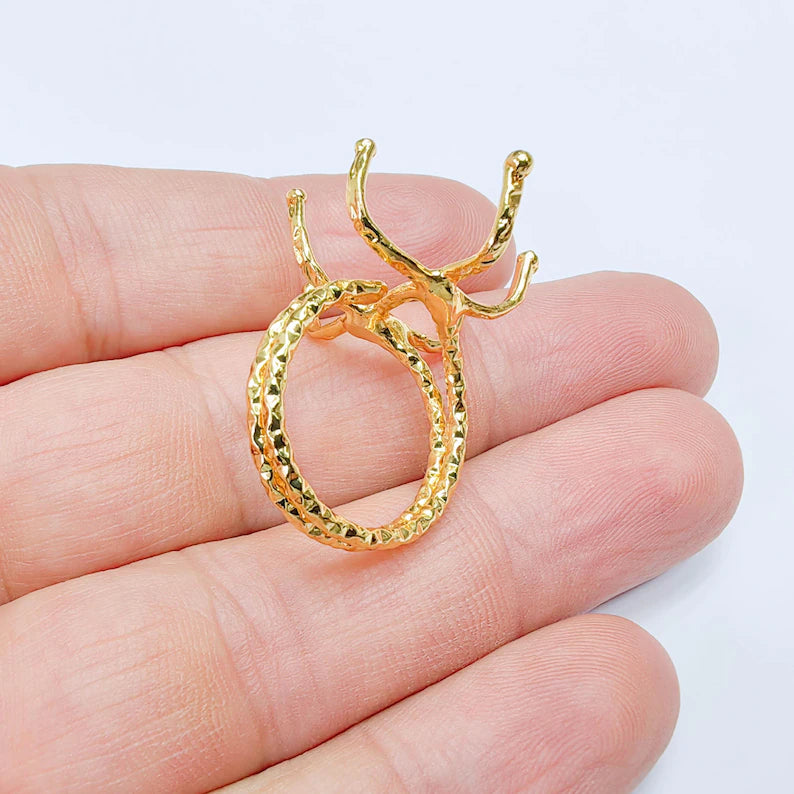 Claw Ring Setting, Cabochon Blank, Oval Base, Adjustable 24k Shiny Gold Brass 25x18mm G37575
