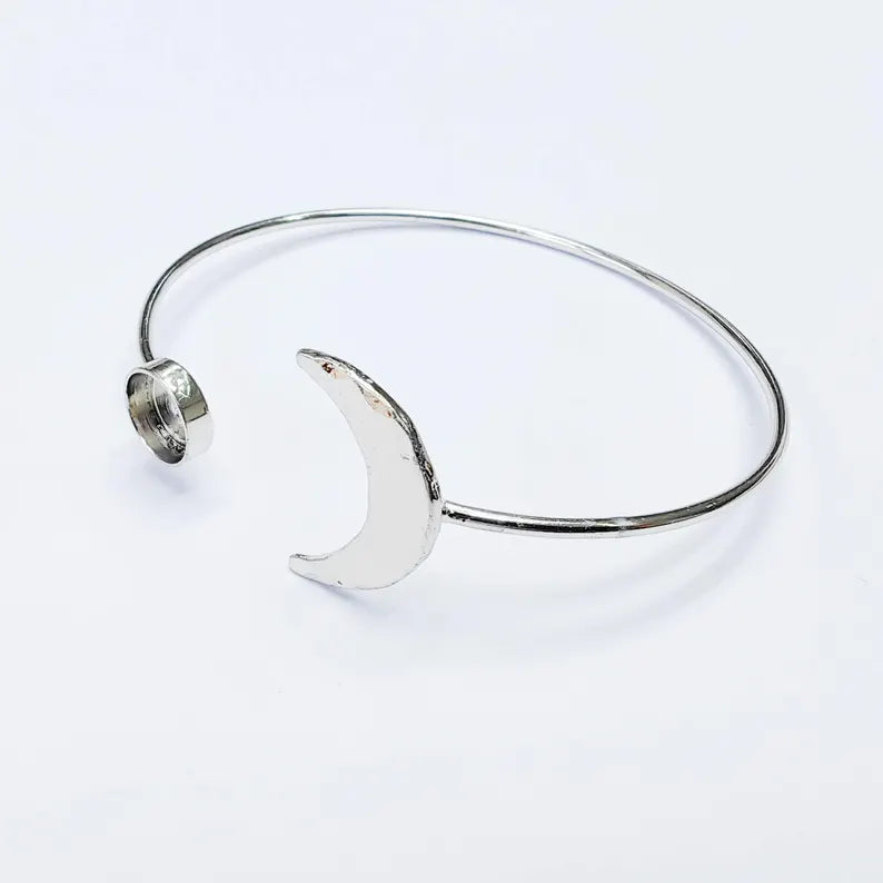 Moon Cuff Bracelet with 8mm Bezel, Adjustable Shiny Silver Plated Brass Bangle, G37576