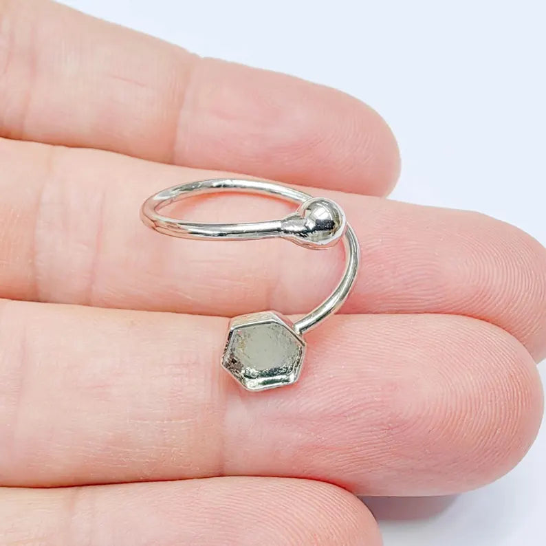 Hexagon Ring Blank Setting, Cabochon Bezel, Adjustable Shiny Silver Plated Brass (6mm bezel) G37578